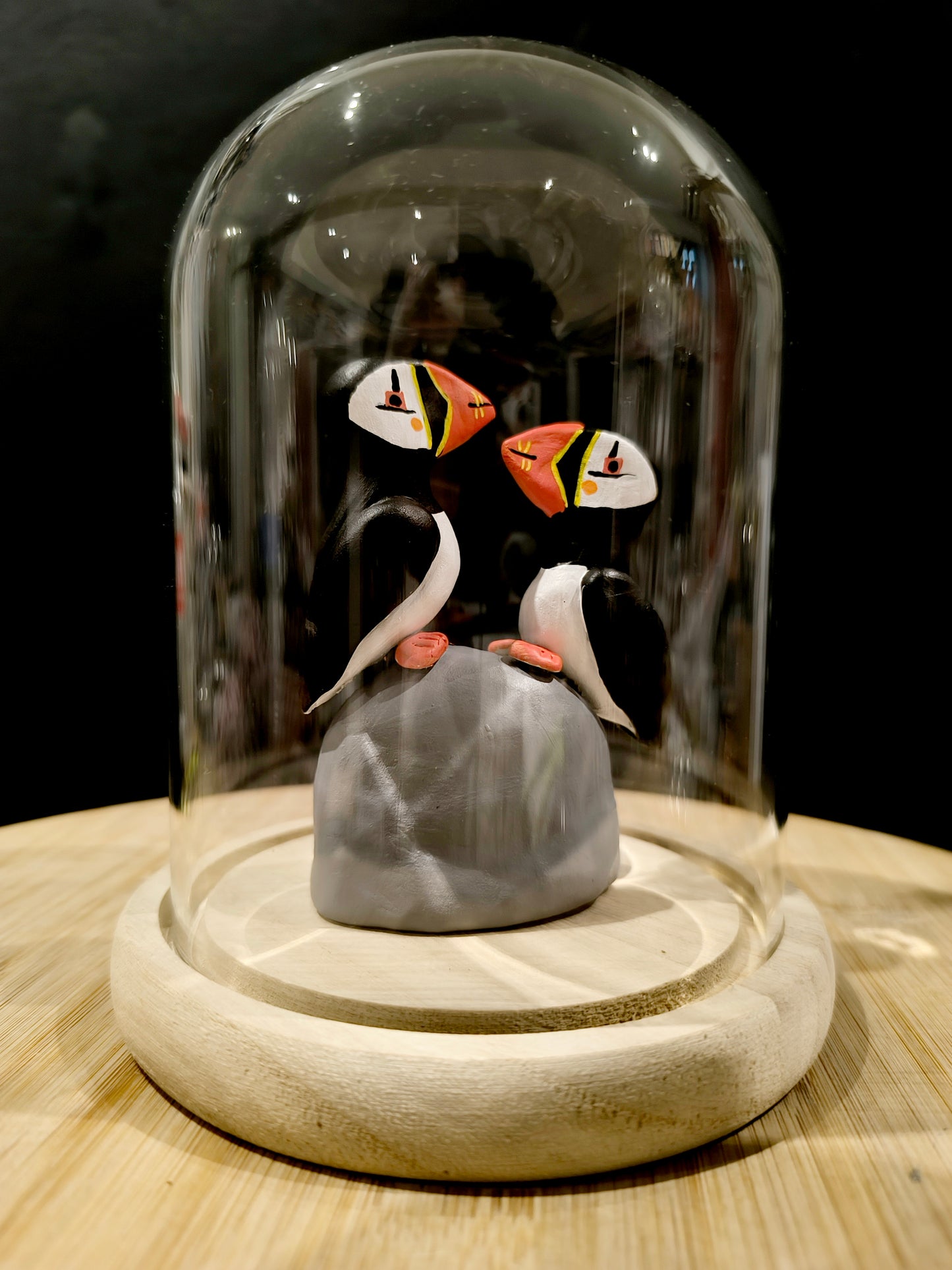 MACAREUX EN COUPLE sous cloche de verre, façon cabinet de curiosité