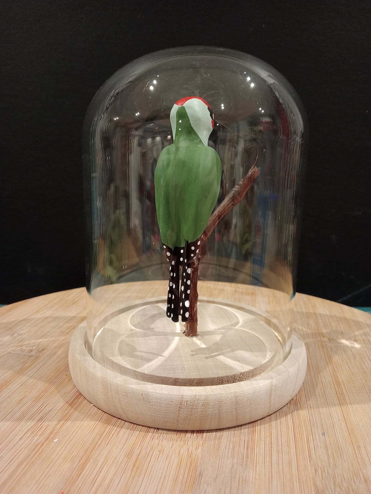 PIC VERT sous cloche de verre, façon "cabinet de curiosité"