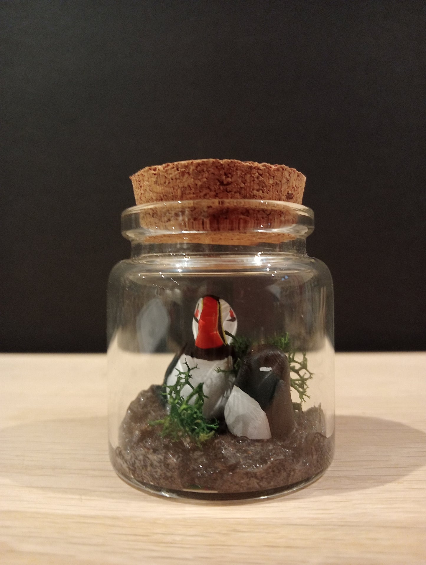Puffin and its baby - Miniature in a "Minuscules" bottle