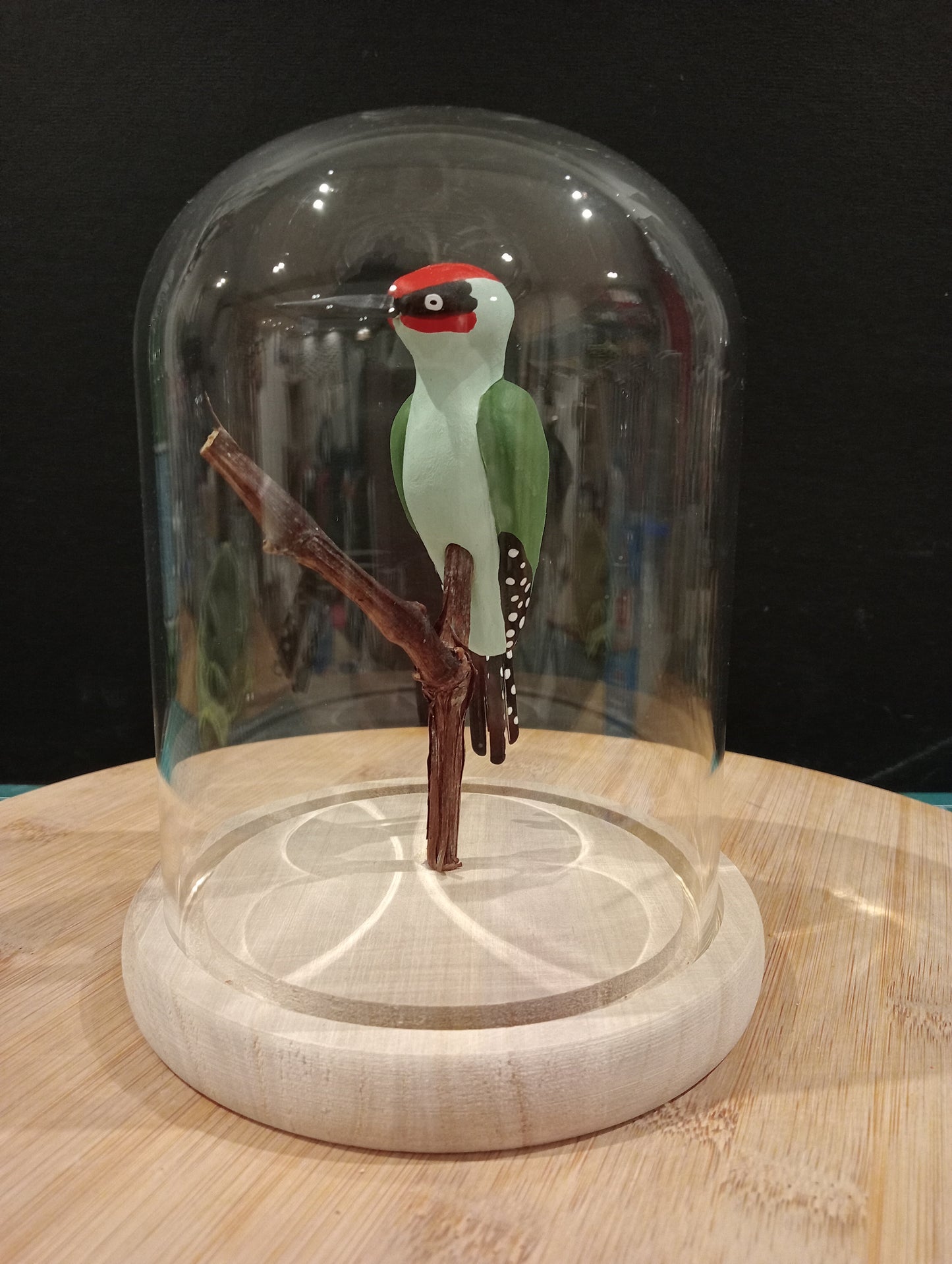 Pic vert sous cloche de verre façon cabinet de curiosité