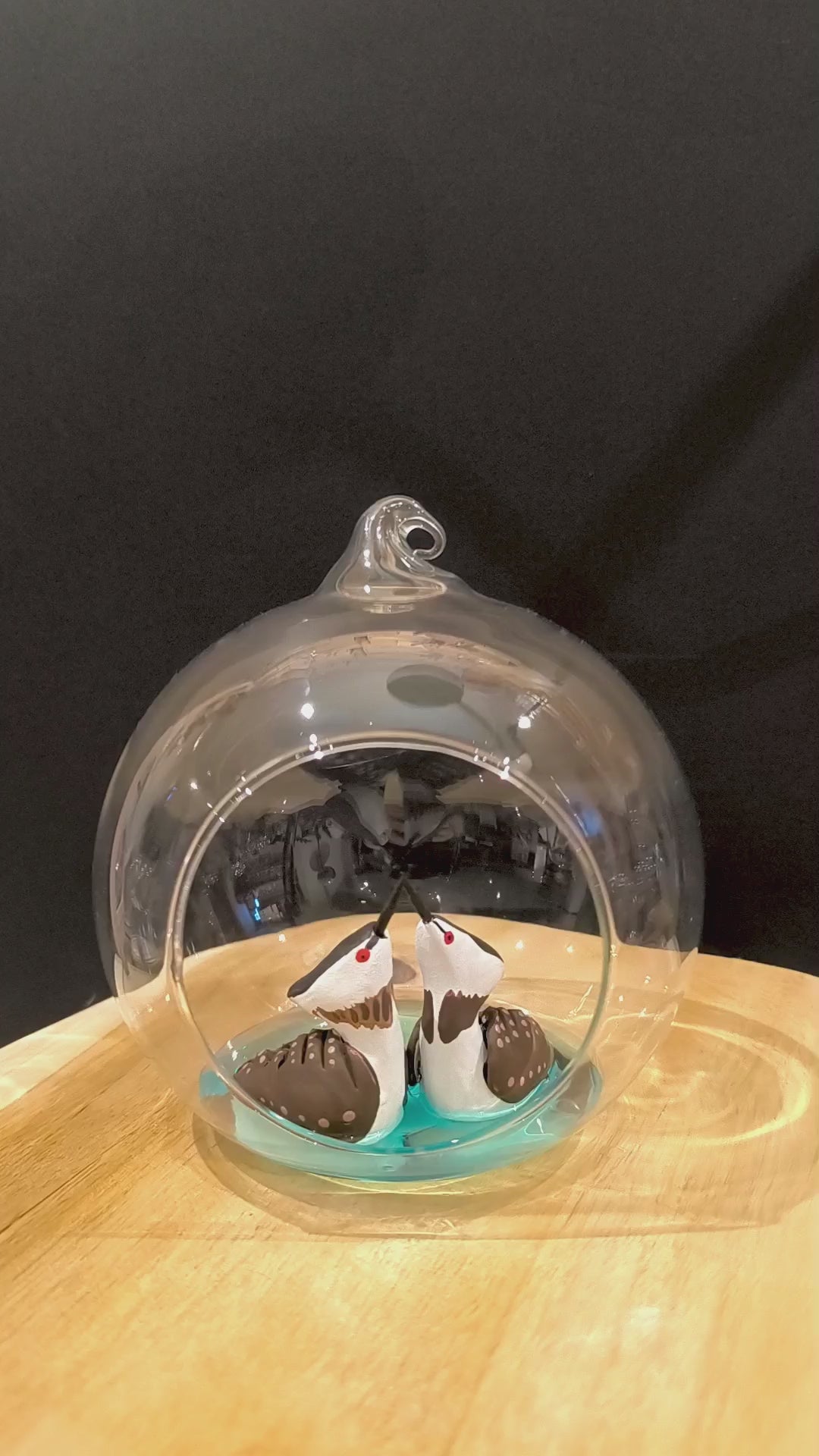 Figurines sculptées Grèbes huppés en parade nuptiale Dans bulle de verre. Modelée à la main en argile (pas de moulage) et peinte à la main. Sculpté dans mon atelier à Angers, France.