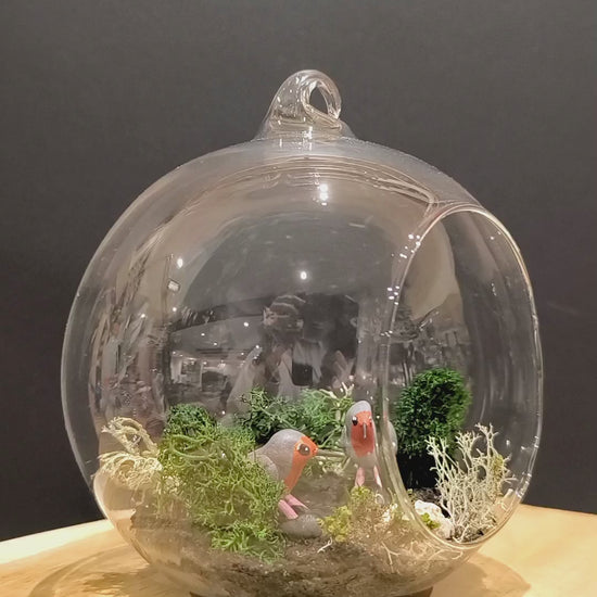 Figurines sculptées Rouges gorges  en parade  nuptiale dans bulle de verre. Modelées à la main en argile (pas de moulage) et peintes à la main. Sculpté dans mon atelier à Angers, France