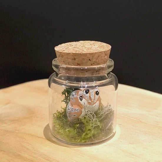 Figurines sculptées Chouettes effraie en parade  nuptiale dans petit flacon de verre. Modelées à la main en argile (pas de moulage) et peintes à la main. Sculpté dans mon atelier à Angers, France