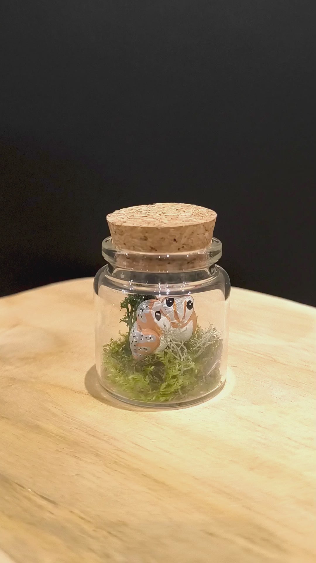 Figurines sculptées Chouettes effraie en parade  nuptiale dans petit flacon de verre. Modelées à la main en argile (pas de moulage) et peintes à la main. Sculpté dans mon atelier à Angers, France