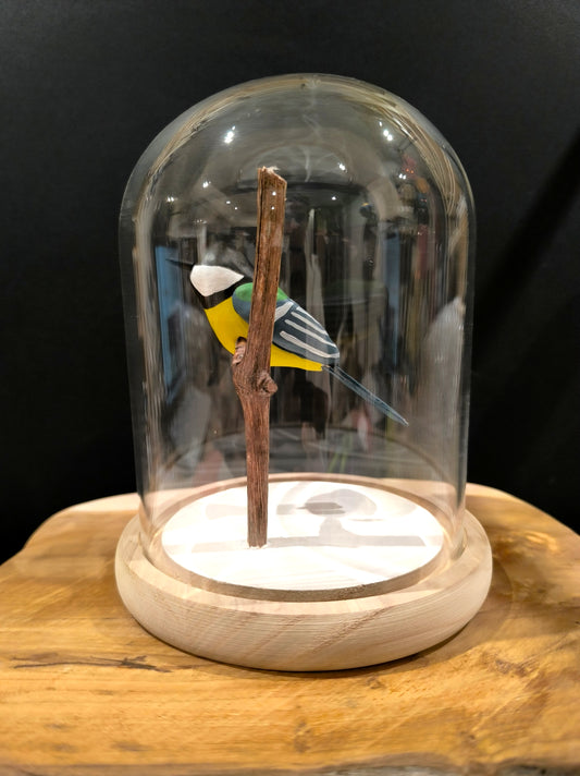 Figurine sculptée oiseau Mésange Charbonnière sous cloche de verre décorative.