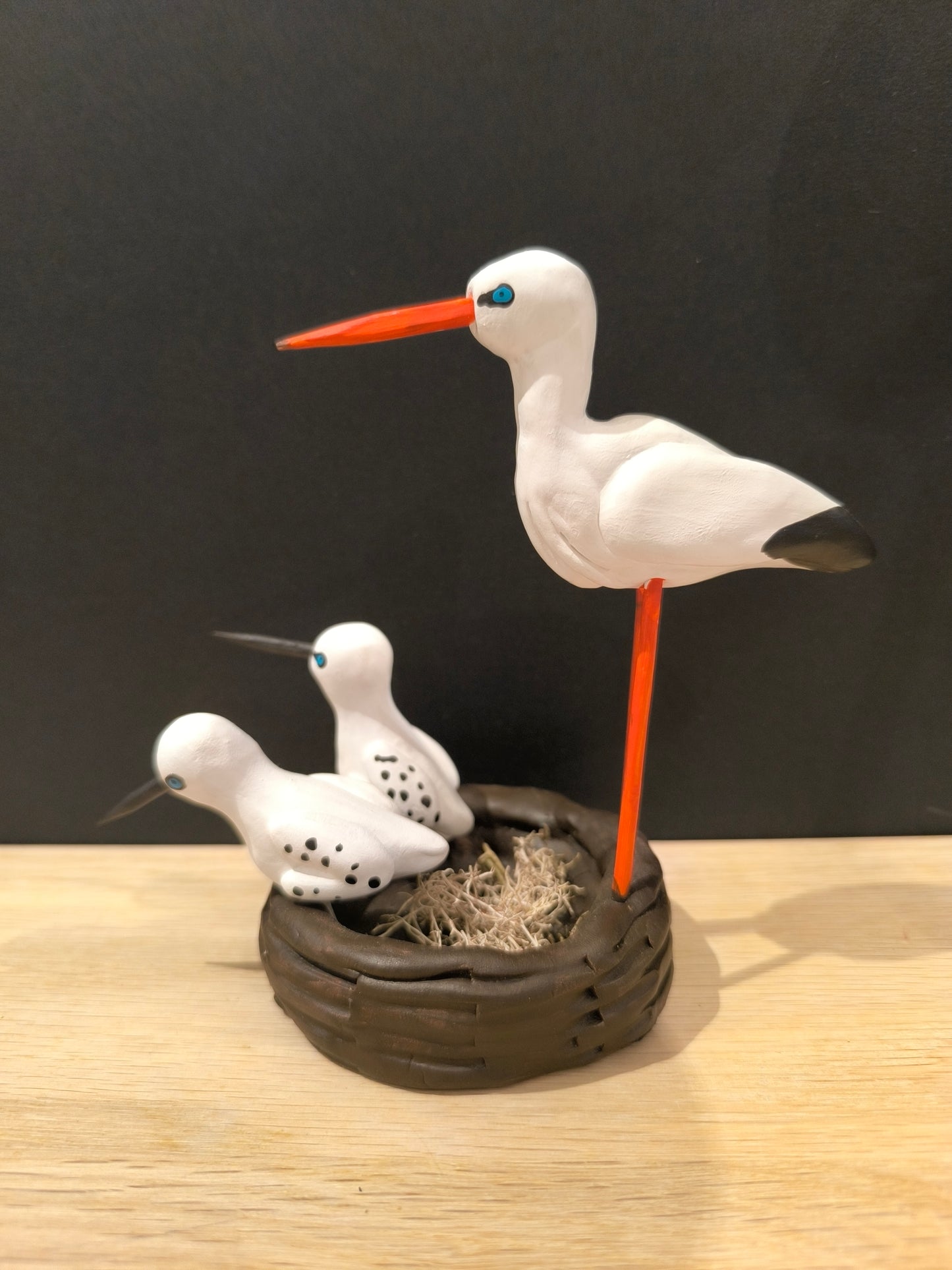 CIGOGNE sur son nid avec ses 2 petits -Sculpture