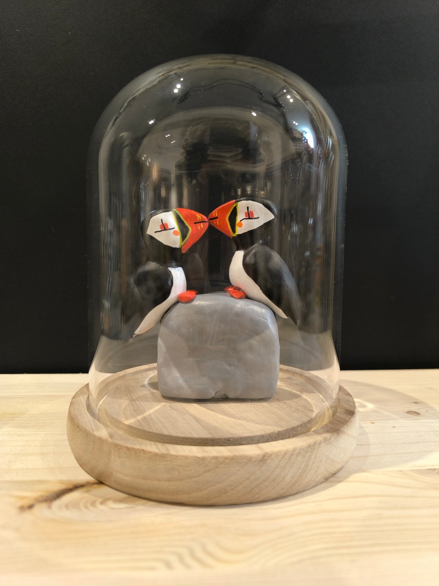 MACAREUX MOINES en parade nuptiale sous cloche de verre, façon cabinet de curiosité