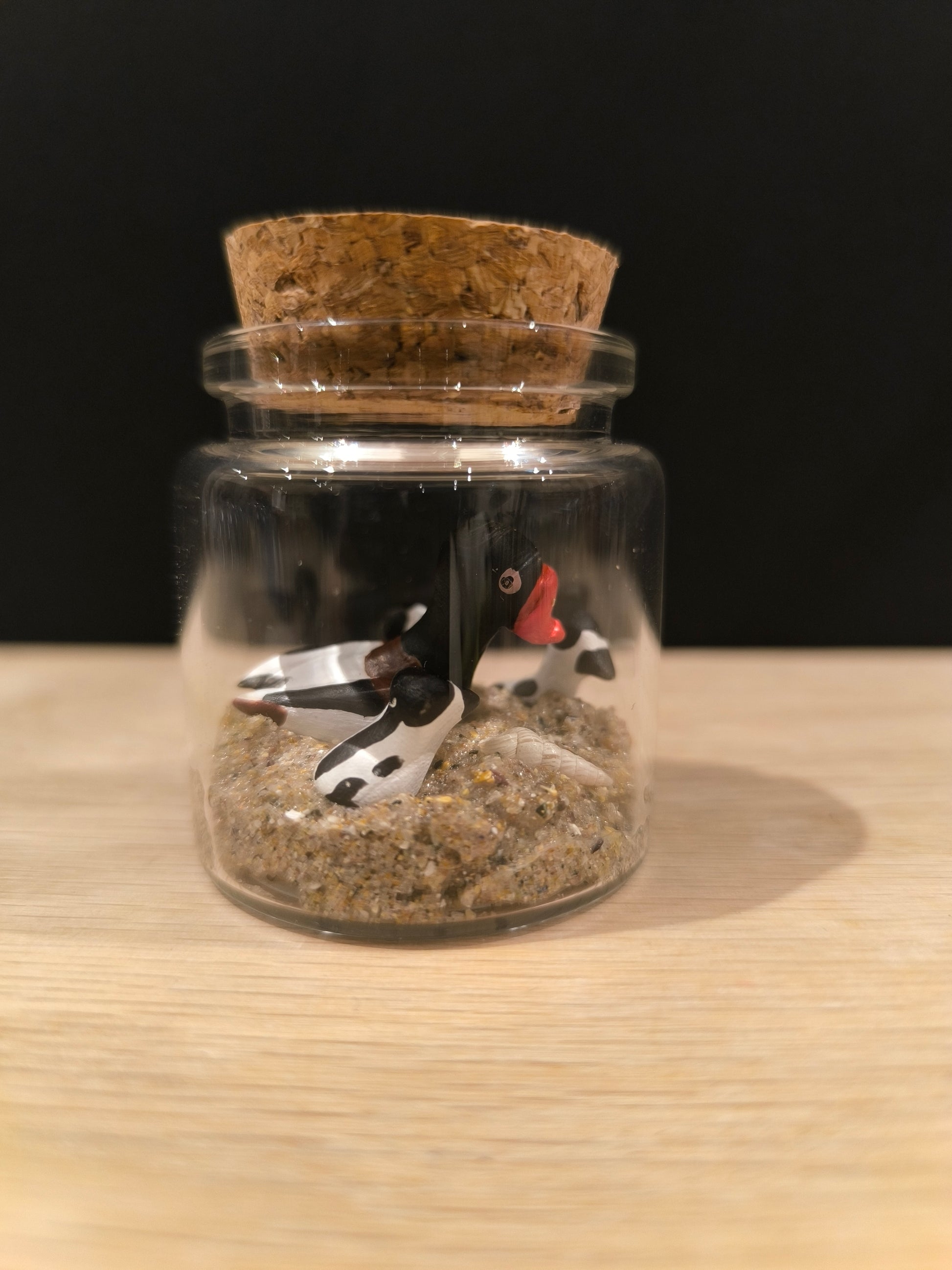 Figurine miniature sculptée Tadorne de belon dans mini Flacon de verre. Fait main en France.