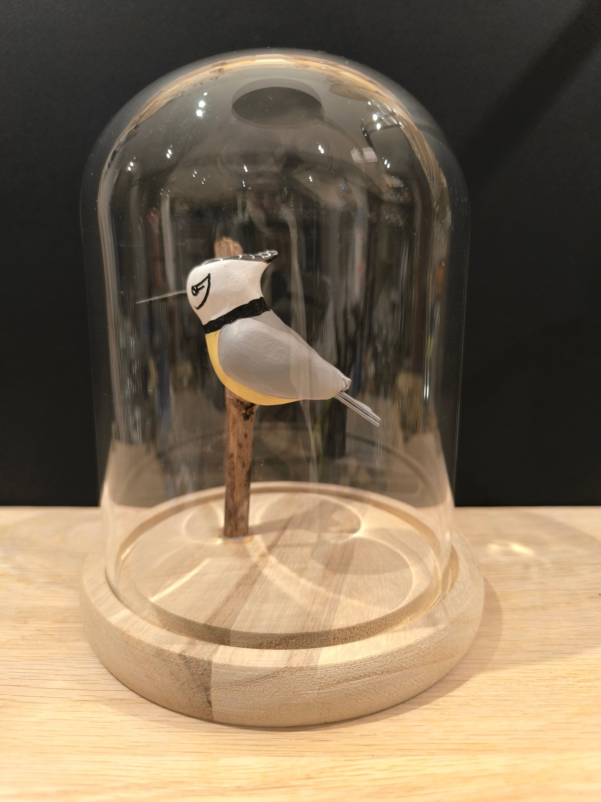 Figurine sculptée Mésange huppée sous cloche de verre décorative façon cabinet de curiosité