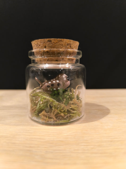 Figurine sculptée miniature Troglodyte mignon dans mini flacon de verre. Fait main en France.