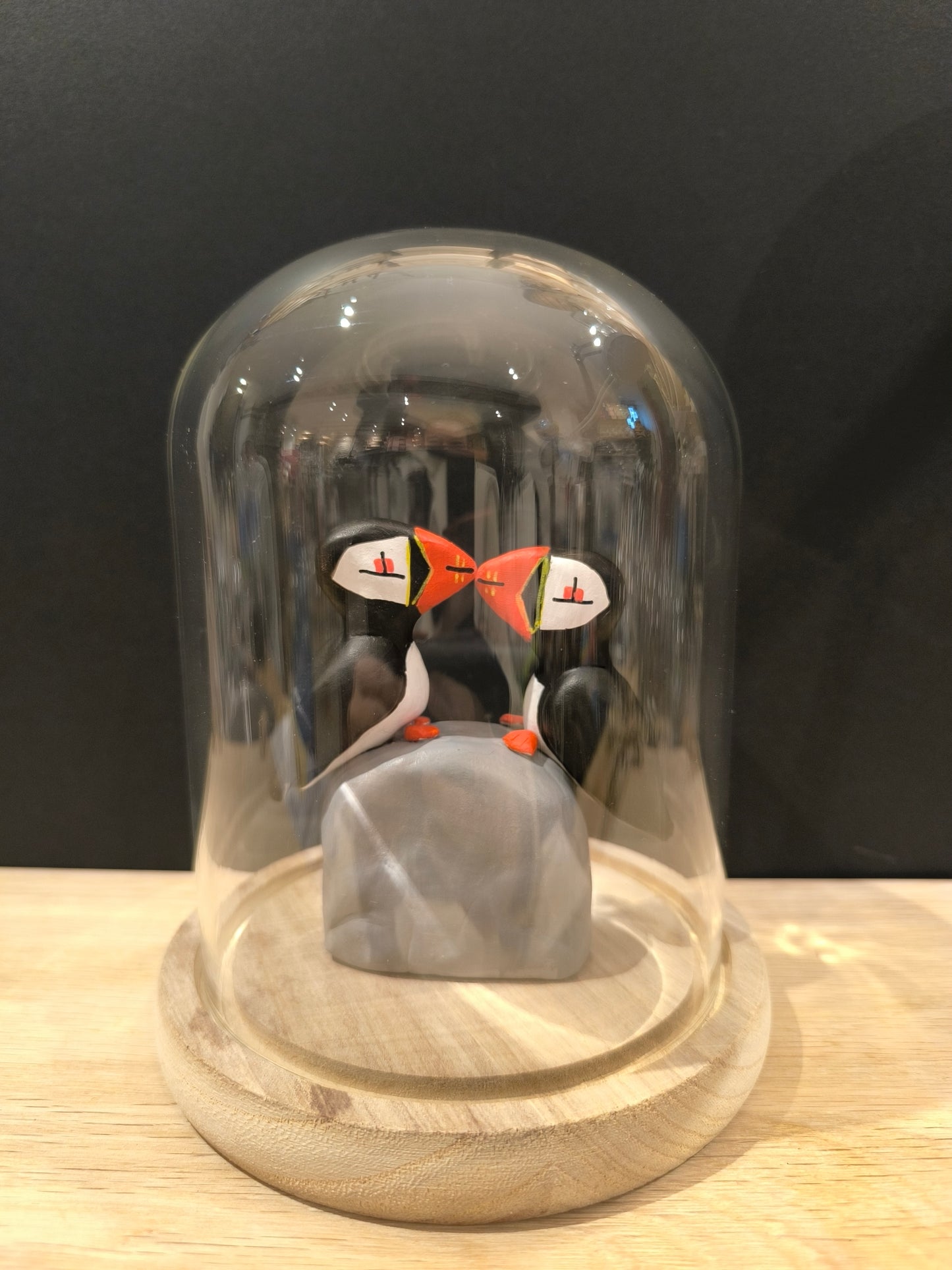 MACAREUX MOINES en parade nuptiale sous cloche de verre, façon cabinet de curiosité