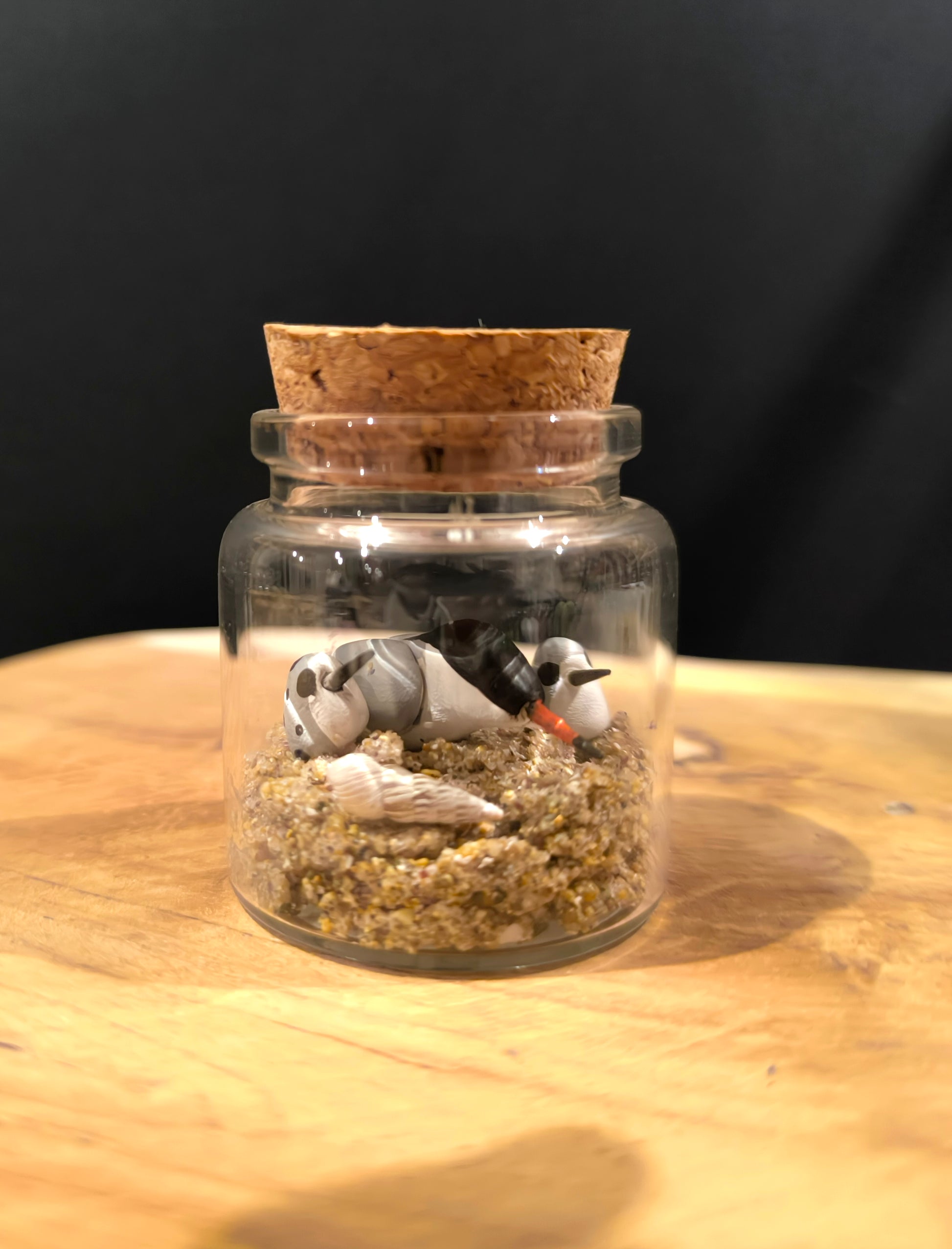 Figurine sculptée miniature oiseau Sterne pierregarin avec ses petits dans flacon de verre. Fait main en France.