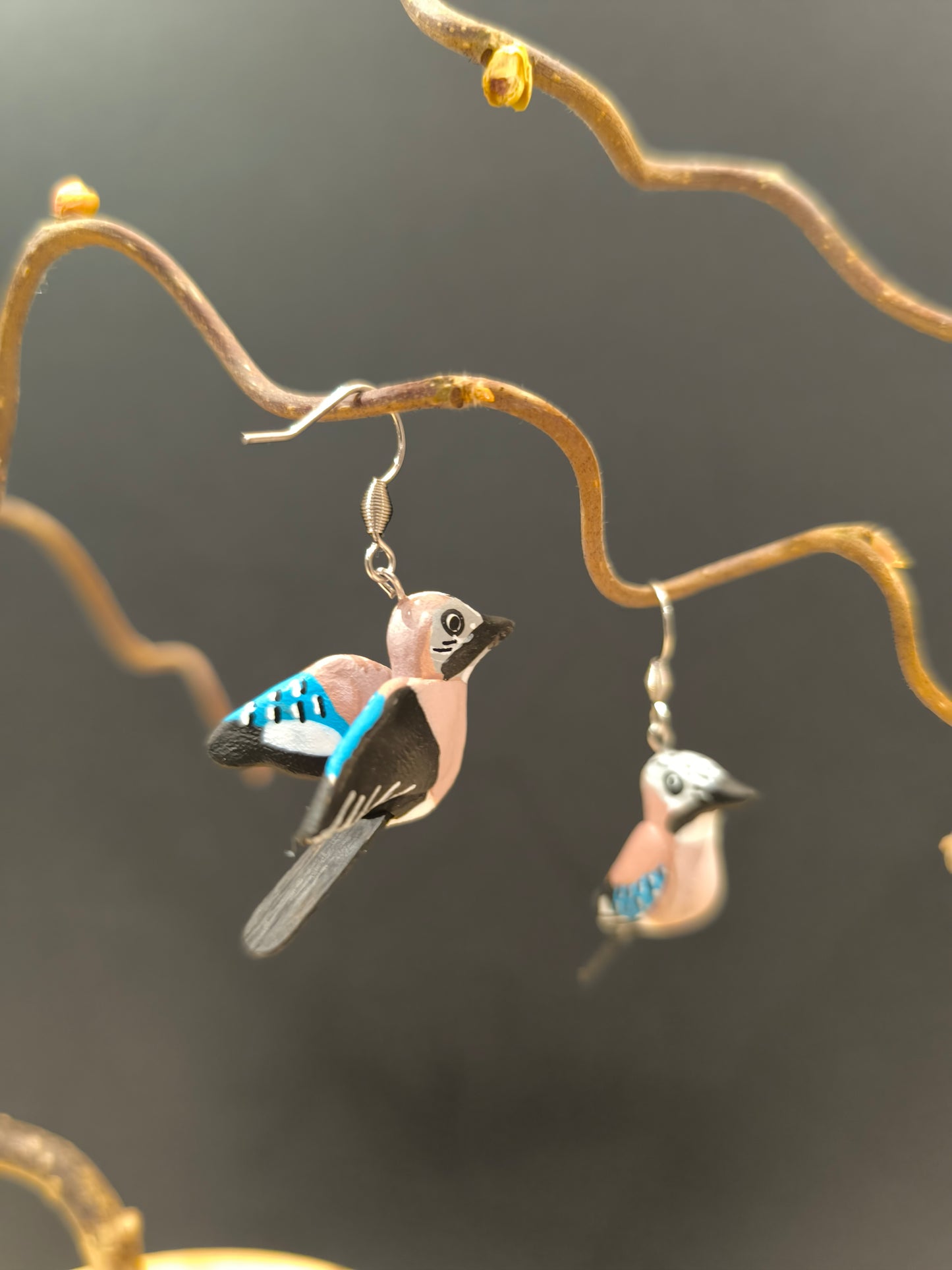 Boucles d'oreilles oiseaux asymétriques Geai des chênes fait main